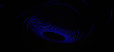 Siyah arka planda izole edilmiş Neon mavisi Spirograph geometrik desene yakın çekim. Hafif boyama tekniği ile yapılmış, uzun pozlama. Sarkaç deseni. Işık yolları. Dalgalar. Işınlar. Çakra. Mandela. 