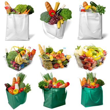 Tam alışveriş sepeti ve çantalar