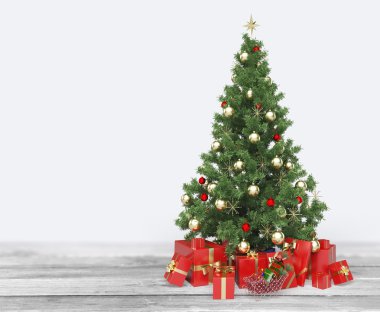 Süslü Noel ağacı ve hediyeler