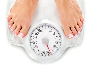female feet standing on bathroom scale clipart