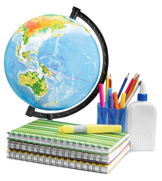 Material escolar: libros, globo, lápices —  Fotos de Stock