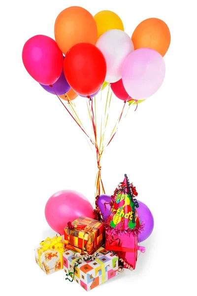 Montón de globos de colores y regalos — Foto de Stock