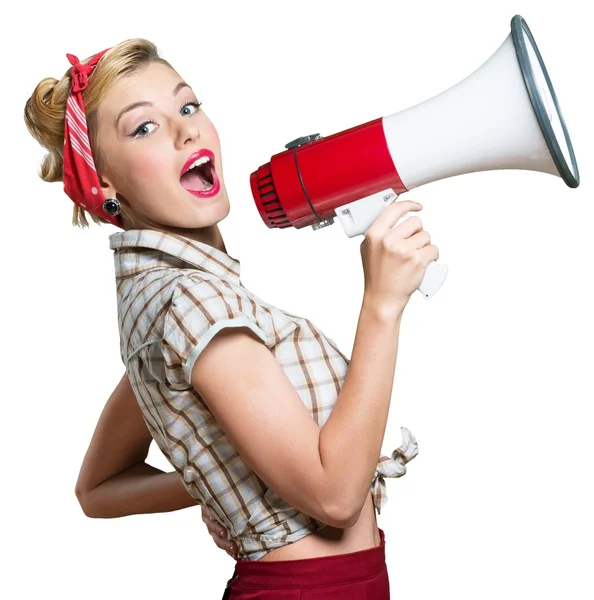 Retrato de mulher segurando megafone — Fotografia de Stock