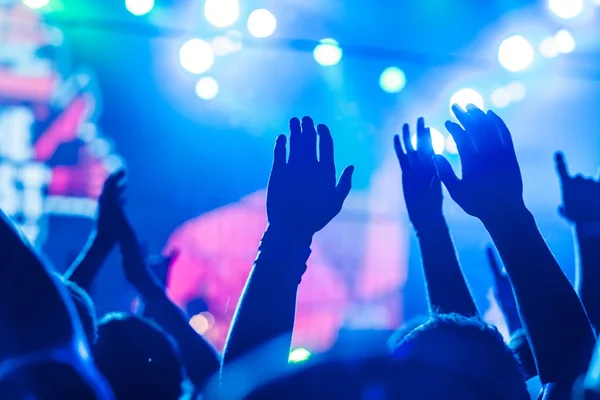 Público com as mãos levantadas em um festival de música — Fotografia de Stock