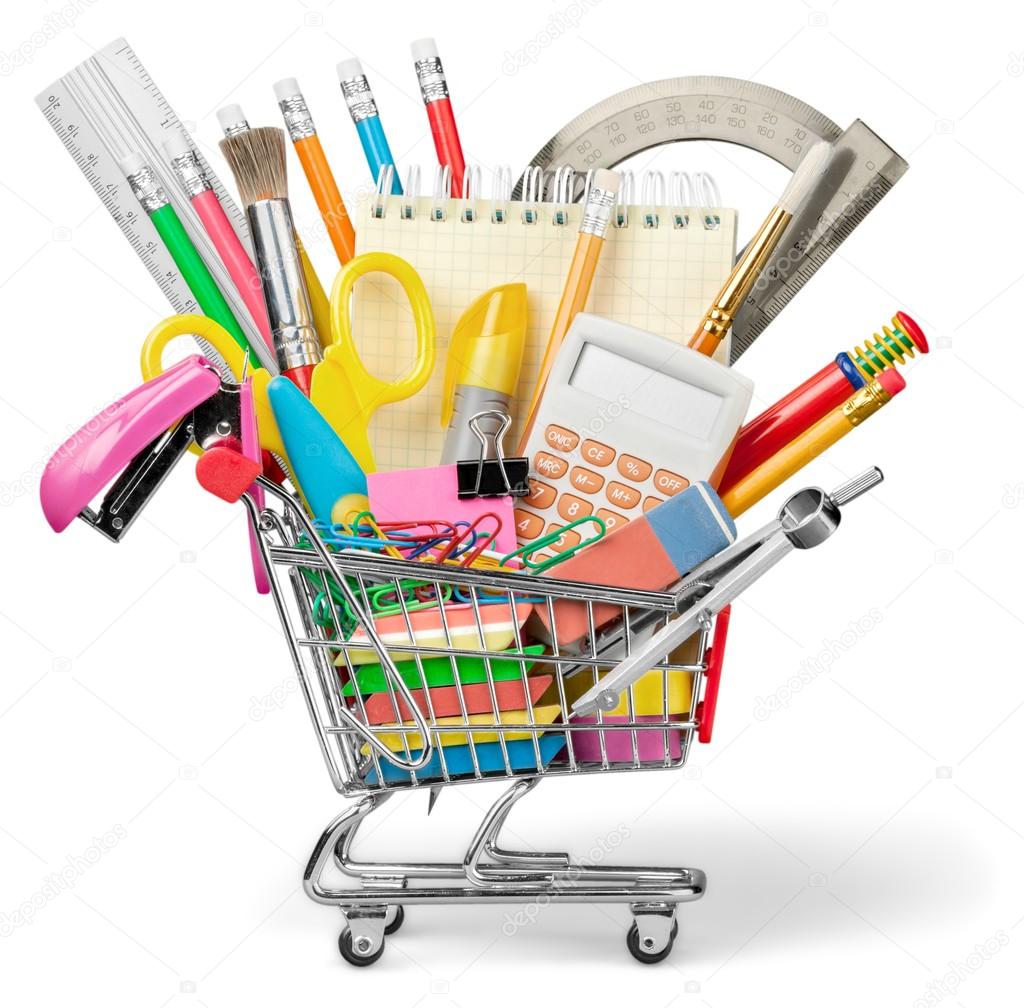 Stationery objects in mini supermarket cart — Stock Photo