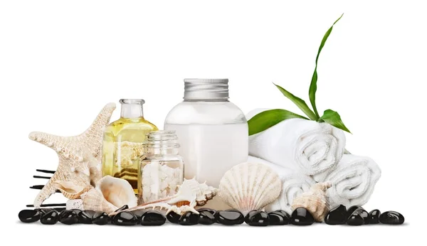 Cosmetic containers and sea shells — Stock Photo, Image