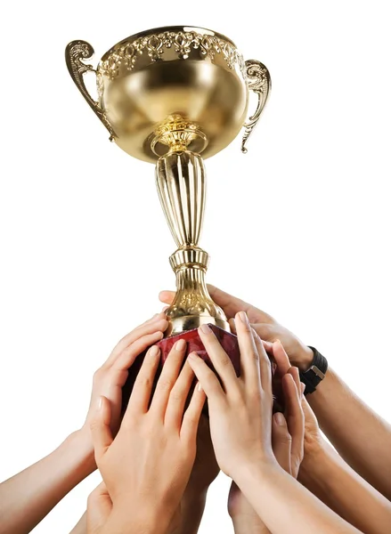 Hands holding  champion golden trophy — Stock Photo, Image