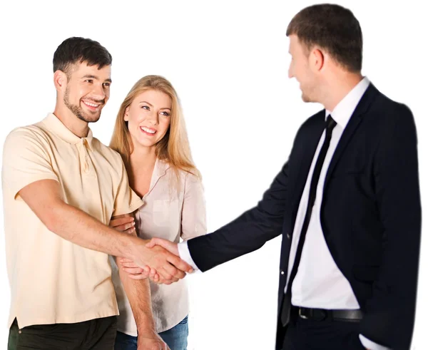 Happy couple with Seller — Stock Photo, Image