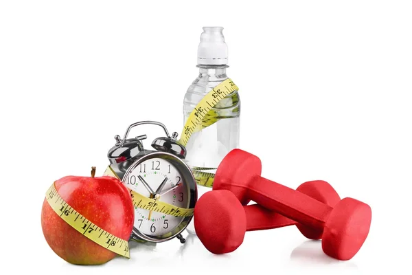 Dumbbells with  water and measuring tape — Stock Photo, Image