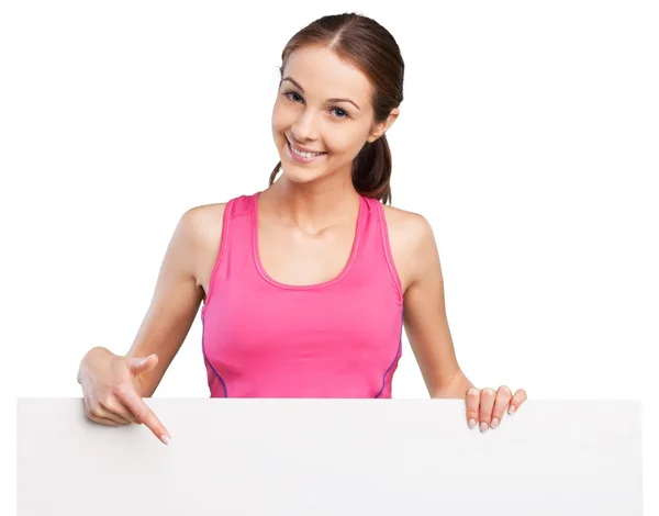 Sport fitness woman hold blank board — Stock Photo, Image