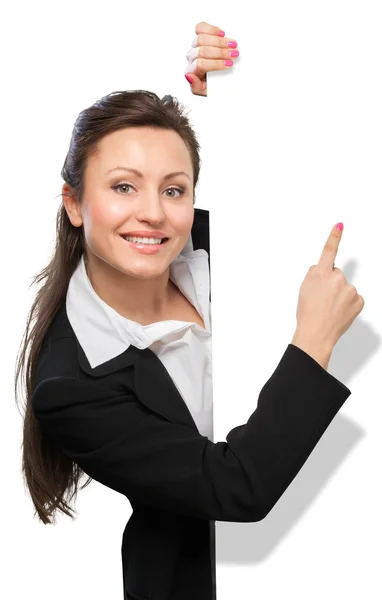 Smiling businesswoman with white blank — Stock Photo, Image