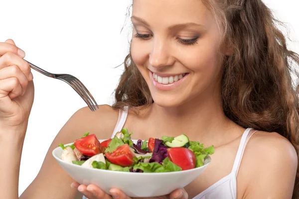 Attraente donna caucasica con insalata — Foto Stock