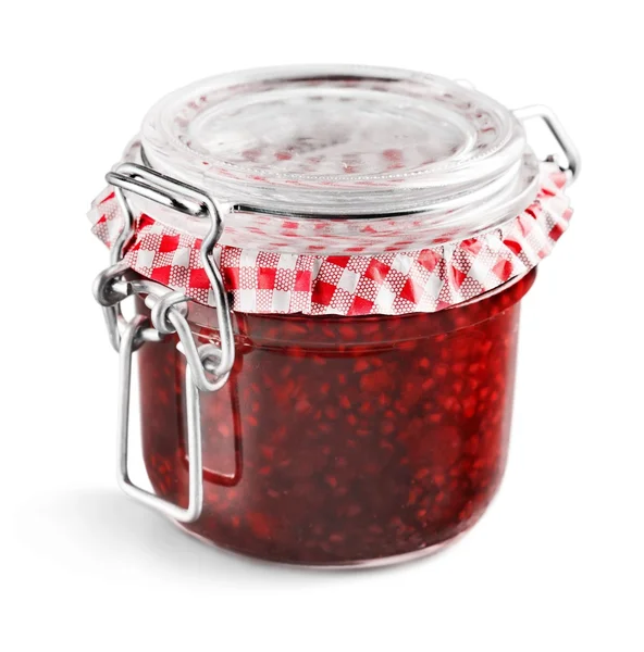 Pot en verre avec confiture de framboises — Photo