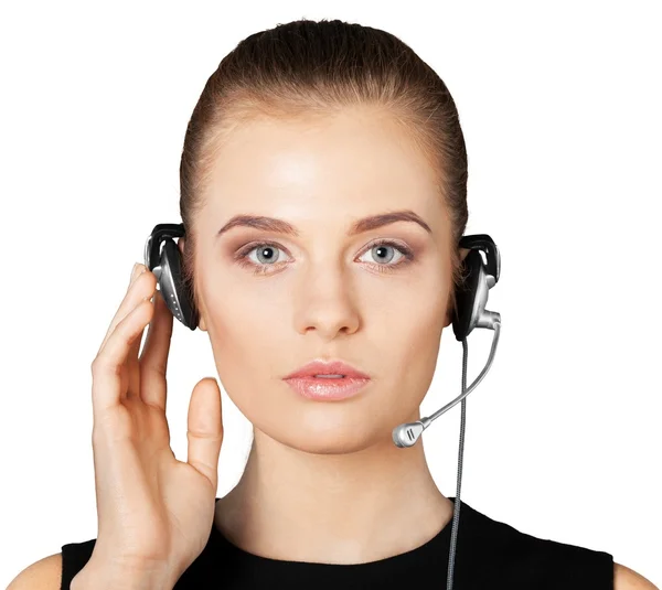 Cara de mujer joven con auriculares — Foto de Stock