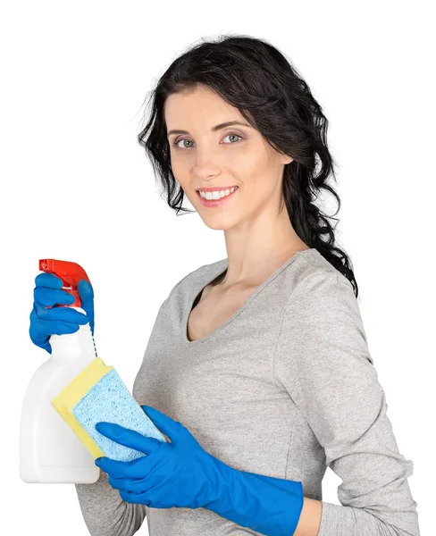 Cleaning woman with spray — Stock Photo, Image