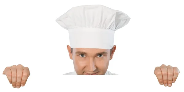 Chef che mostra cartellone in uniforme — Foto Stock