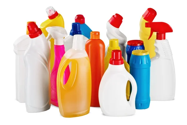 Plastic bottles and cleaning equipment — Stock Photo, Image