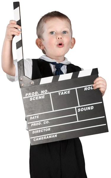 Malý chlapec v obleku s pouzdrem — Stock fotografie