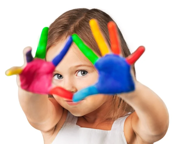 Niña con manos pintadas de colores — Foto de Stock