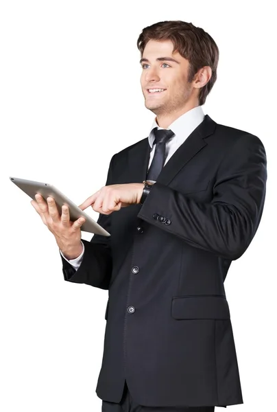 Hombre de negocios feliz con la PC tableta —  Fotos de Stock