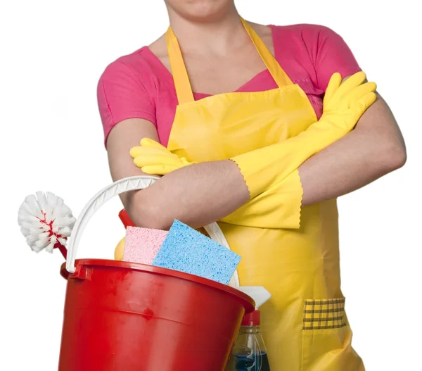 Ung kvinna med rengöringsprodukter — Stockfoto