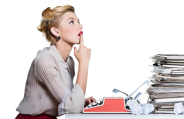 Woman working on vintage typewriter — Stock Photo, Image