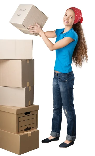 Menina se mudando para casa nova — Fotografia de Stock