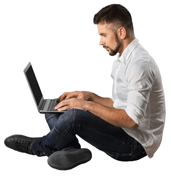 Portrait of happy businessman with laptop — Stock Photo, Image