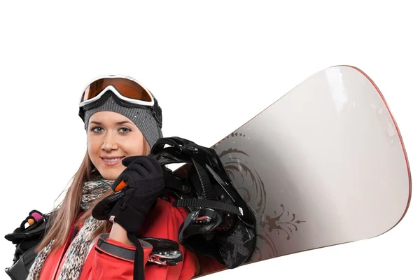 Mujer sosteniendo snowboard bordo —  Fotos de Stock