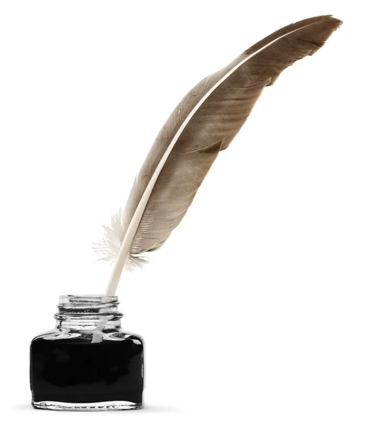 Feather ganzenveer pen en Glazen inktpotje — Stockfoto