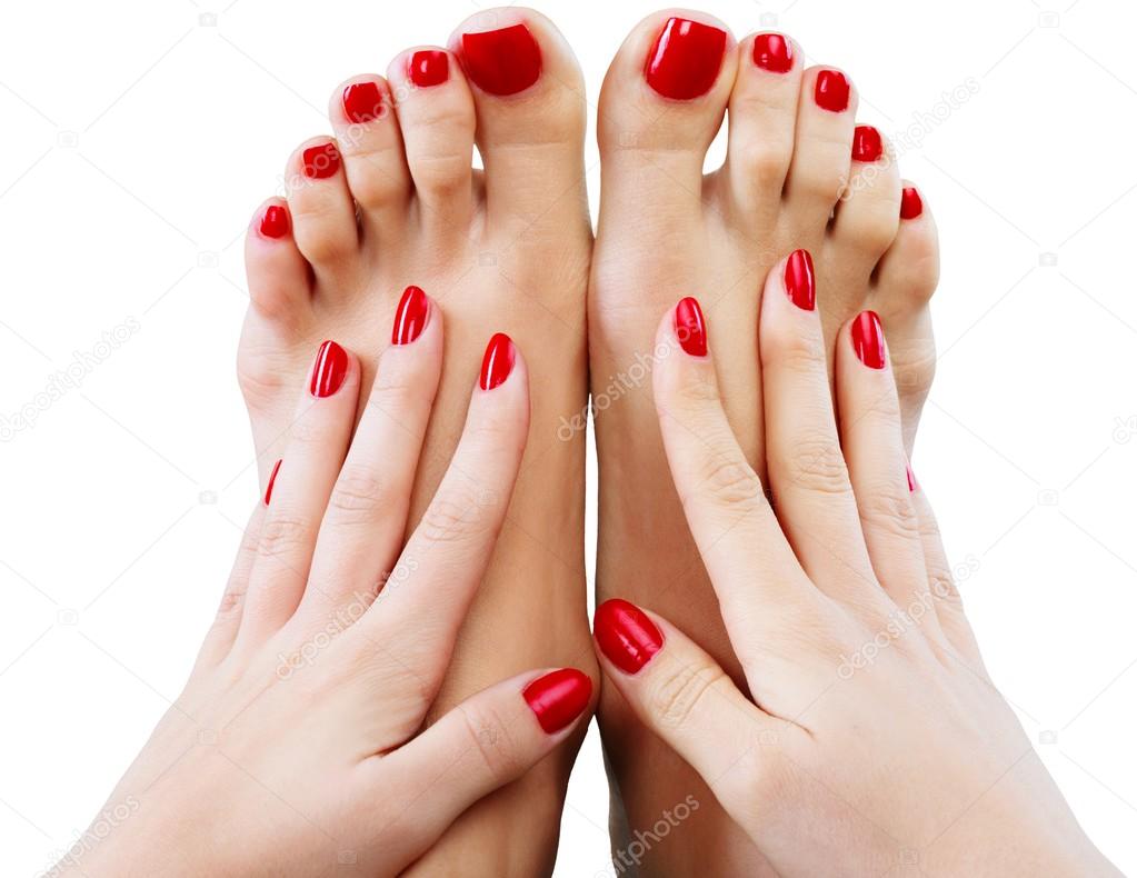 feet with pedicure and hands with manicure