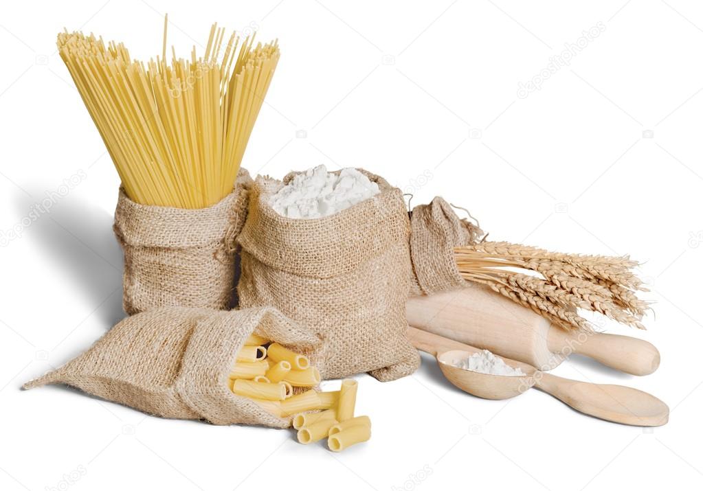 Flour, cereals, pasta in a canvas bag 