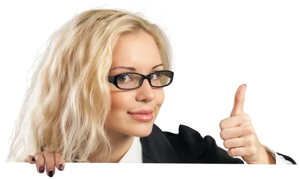 Happy  businesswoman with placard — Stock Photo, Image