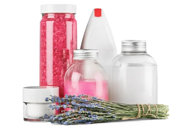 Lavender  with cosmetics bottles of liquids — Stock Photo, Image