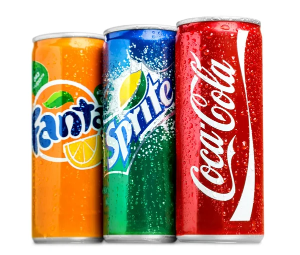 Coca Cola, Fanta és a Sprite kannák — Stock Fotó