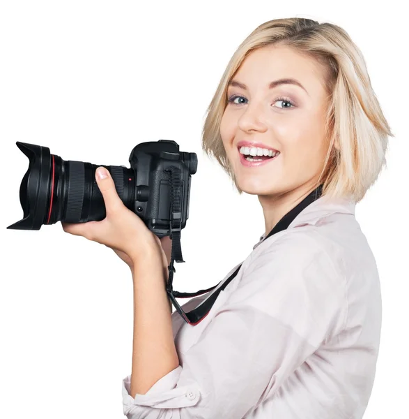 Mujer-fotógrafa toma imágenes —  Fotos de Stock