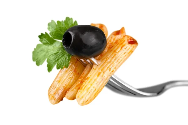 Penne rigate la pasta su una forchetta — Foto Stock