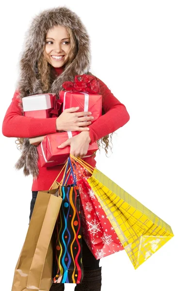 Vrouw met vele geschenkdozen — Stockfoto