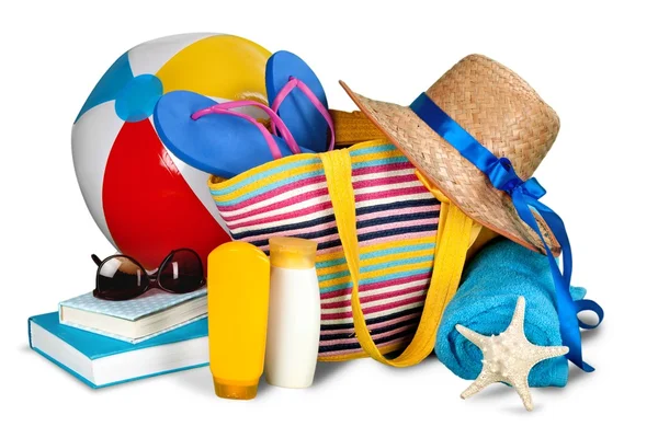 Beach bag with items for a day — Stock Photo, Image