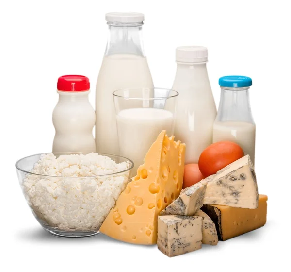 Glass of milk  and Dairy products — Stock Photo, Image