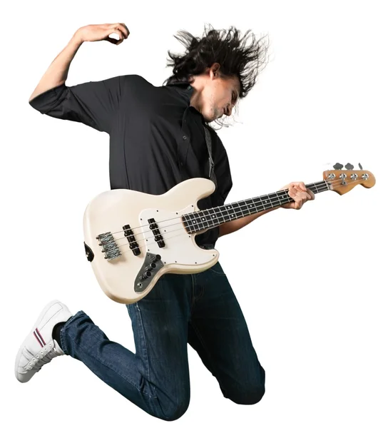 Man guitarist jumping with guitar — Stock Photo, Image