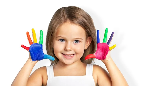 Niña con manos pintadas de colores —  Fotos de Stock