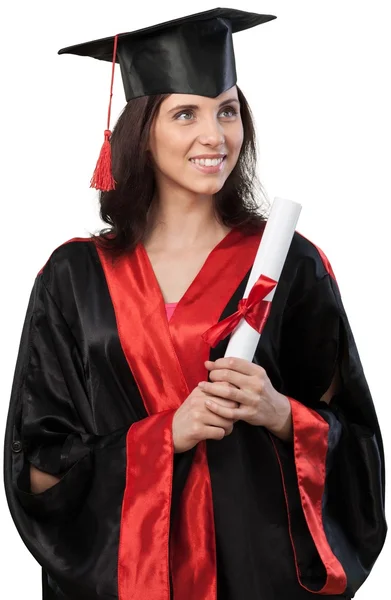 Bela estudante de graduação do sexo feminino com papel — Fotografia de Stock