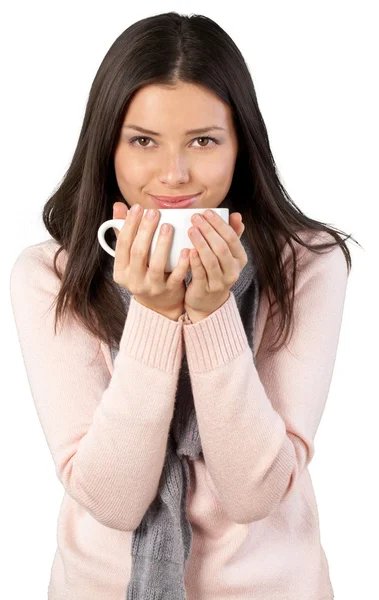 Kvinna med kaffekopp i händer — Stockfoto