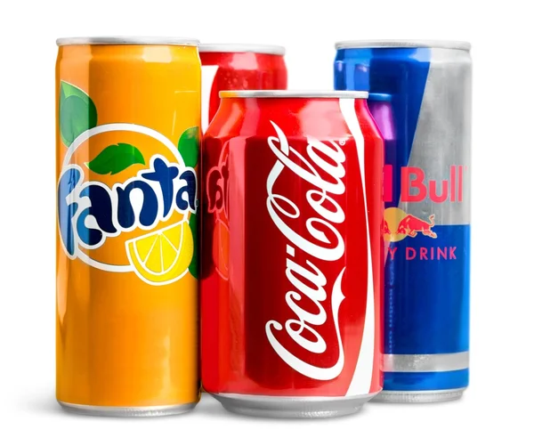 Latas de Coca Cola, Fanta y Sprite — Foto de Stock