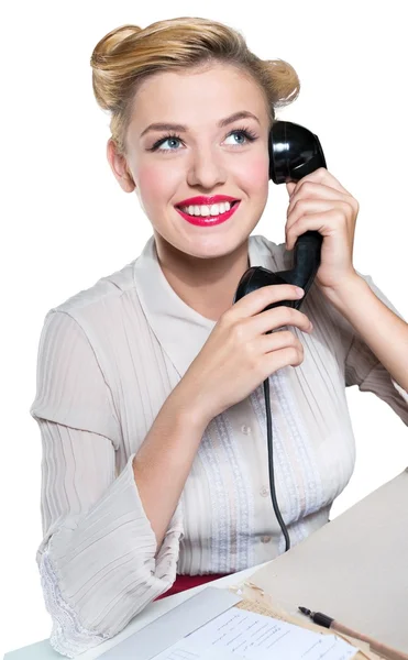 Γυναίκα, μιλώντας στο τηλέφωνό του vintage — Φωτογραφία Αρχείου