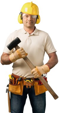 Erkek işçi alet kemeri ile