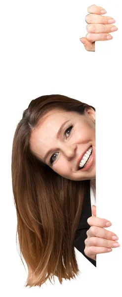 Glimlachende zakenvrouw met wit blanco — Stockfoto
