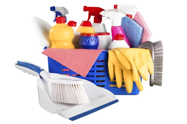 Plastic bottles and  cleaning sponges — Stock Photo, Image