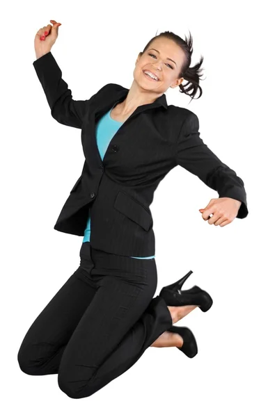 Felice donna d'affari saltando — Foto Stock